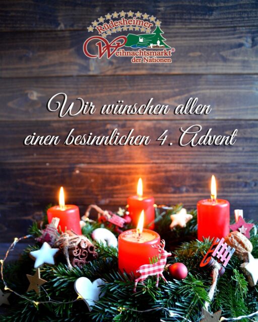 ✨🎄 Frohen 4. Advent vom Rüdesheimer Weihnachtsmarkt der Nationen 🎄✨  Heute brennt die vierte Kerze – Weihnachten steht nun ganz nah. Die Lichter leuchten heller, die Stimmung ist besonders warm und überall liegt dieses Gefühl von Vorfreude in der Luft. ❤️  Der 4. Advent ist der perfekte Moment, um noch einmal bewusst innezuhalten, dankbar zu sein und die letzten Tage der Adventszeit gemeinsam zu genießen – bei einem Spaziergang über den Markt, einem heißen Glühwein und guten Gesprächen.  🕯️ Heute hat der Weihnachtsmarkt von 11:00 bis 20:00 Uhr geöffnet –
ihr seid alle herzlich eingeladen, vorbeizukommen und diesen besonderen Adventssonntag mit uns zu verbringen. ✨🎄  📸 Teilt eure schönsten Adventsmomente mit #RüdesheimerWeihnachtsmarkt  #WeihnachtsmarktderNationen #4Advent #Adventszauber #WeihnachteninRüdesheim #Rüdesheim #ChristmasTime #weihnachtsstimmung  @S.H.exklusiv - stock.adobe.com